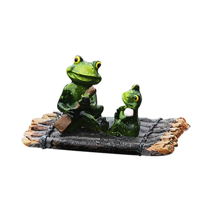 Green resin frog figurine set with larger and smaller frogs on rustic wooden raft for decorbites garden water floating use