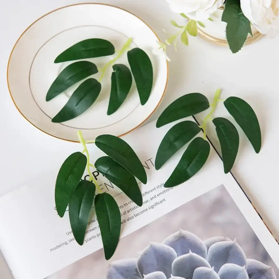 Realistic dark green silk willow leaves with glossy texture and light green stems for wedding and home decor