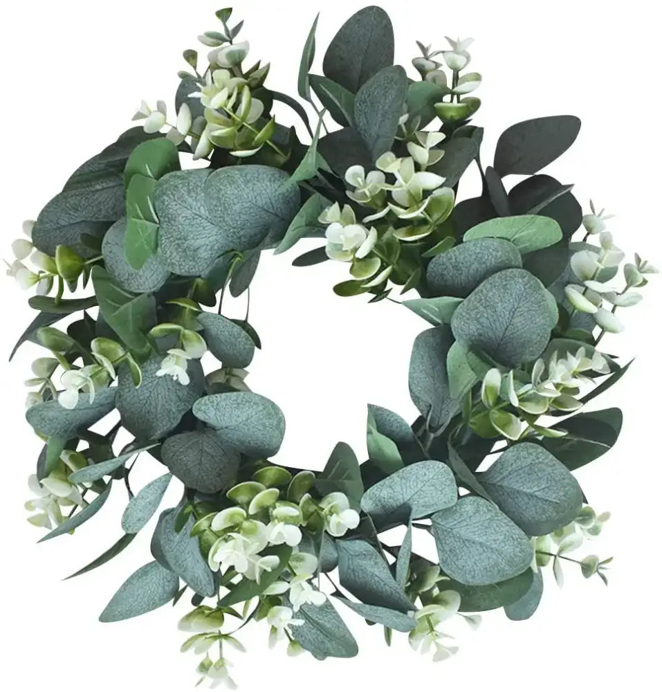 Realistic eucalyptus leaf wreath with white flowers in muted green and gray tones for decorbites eucalyptus leaf living room decor