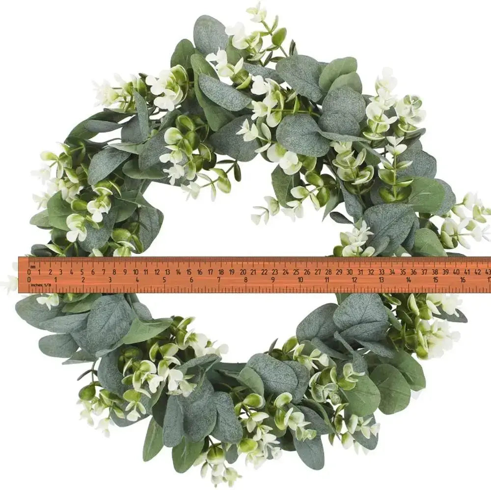 Realistic decorbites eucalyptus leaf wreath with white flowers in green and gray tones for living room decor