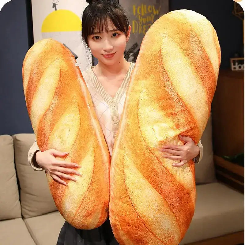 Golden brown plush baguette-shaped decorbites comfort pillow with realistic crust texture for bedroom waist support