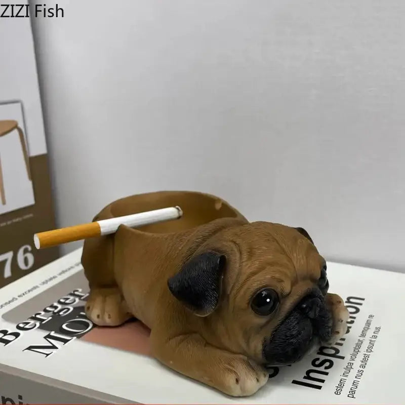 Brown pug-shaped puppies resin ash tray with black ears and nose smooth resin finish for office table decor