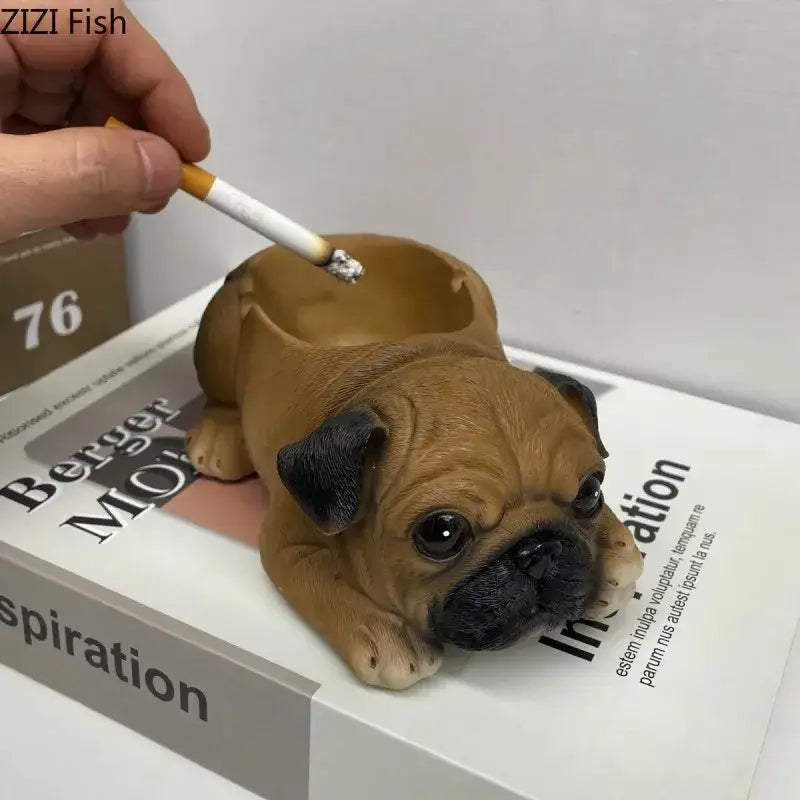Brown pug-shaped puppies resin ash tray with black ears and nose designed as a functional resin ash tray