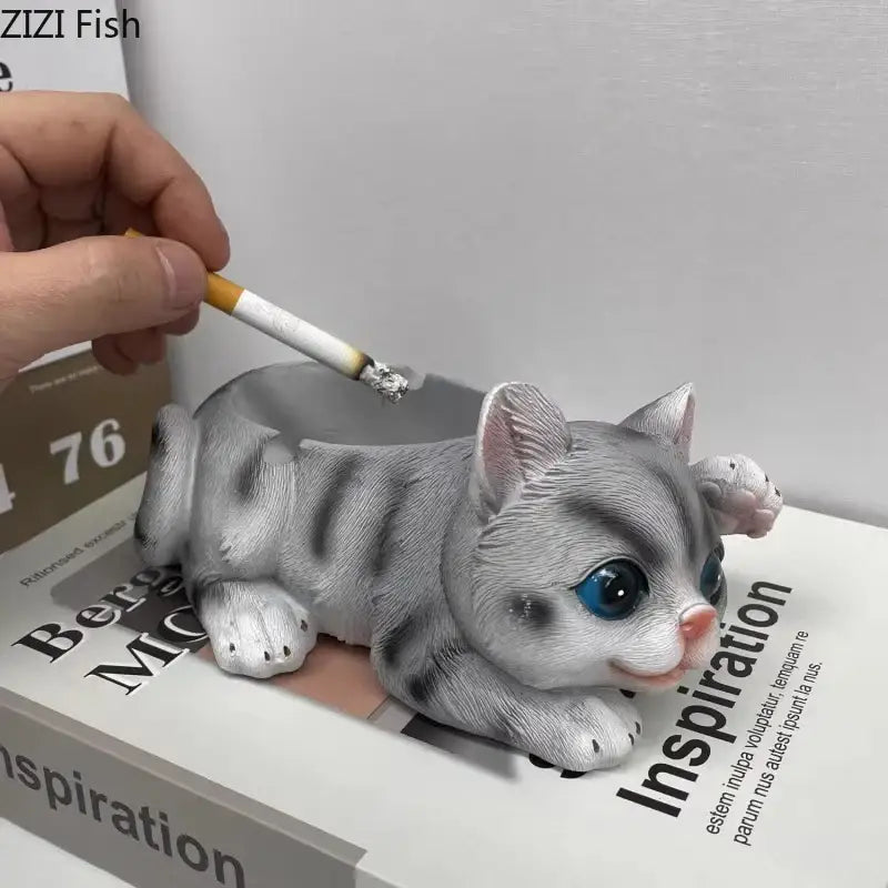 Realistic gray and white striped kitten resin ash tray with blue eyes and pink nose for office table decor