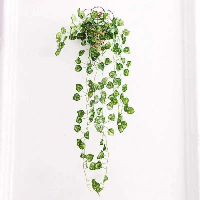 Green artificial ivy bar with heart-shaped leaves in woven basket-style hanging pot for decorbites ivy bar decor