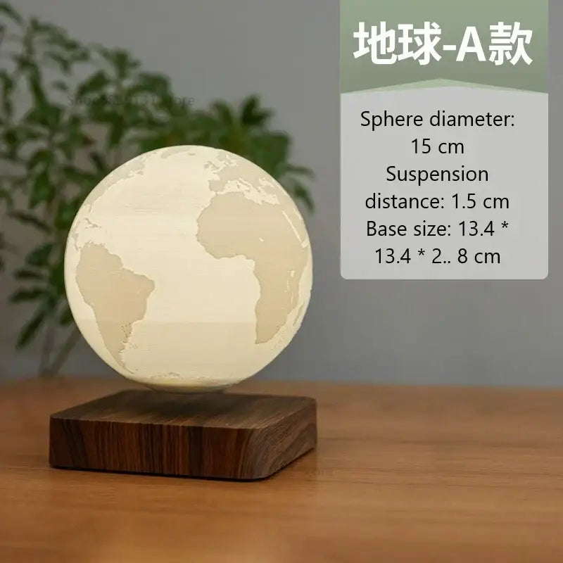 A glowing 15 cm matte white globe levitating moon lamp with embossed continents above a dark wood base decorbites levitating moon