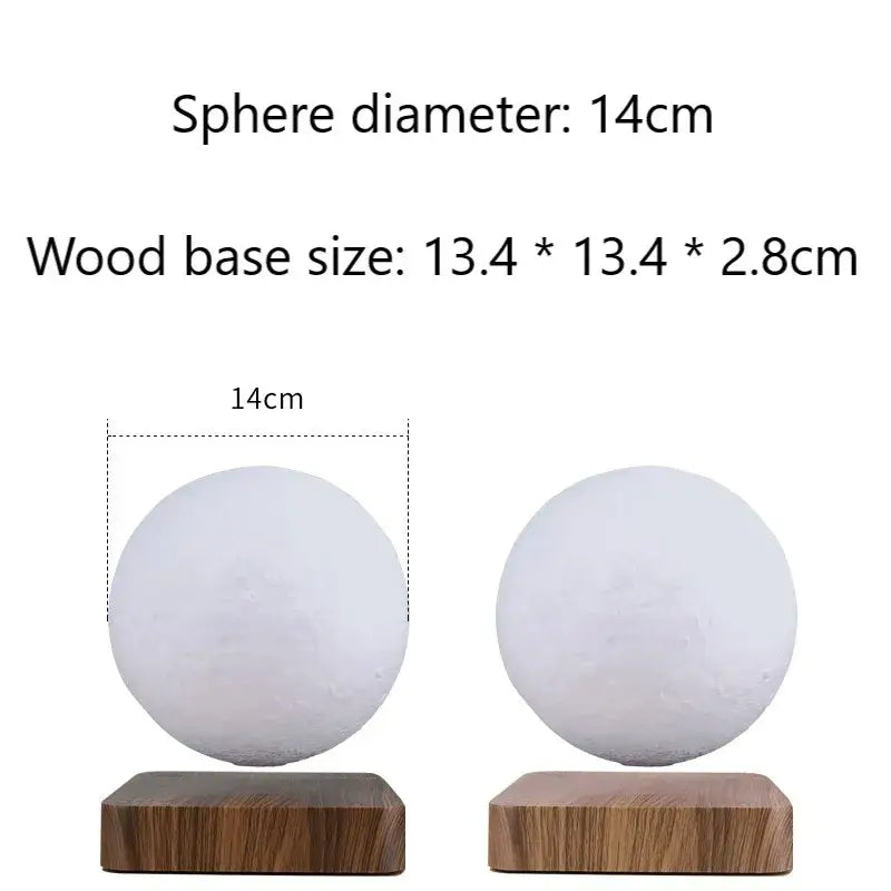 Matte white 14cm diameter levitating moon lamp resting on wooden base ideal as decorbites levitating moon night light