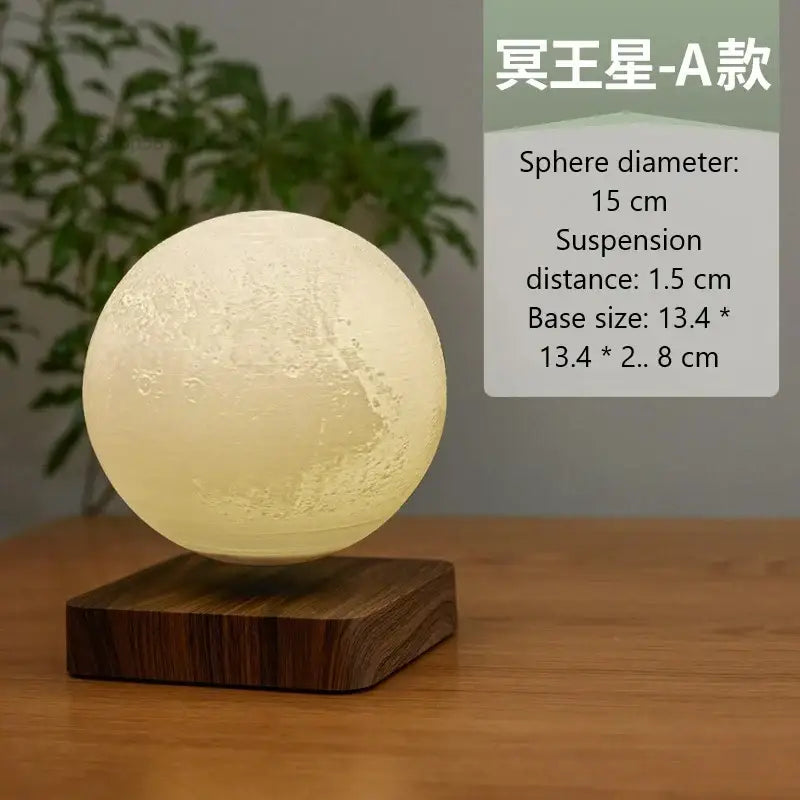 A glowing textured levitating moon lamp with matte finish suspended above a dark wood base by decorbites for bedroom decor