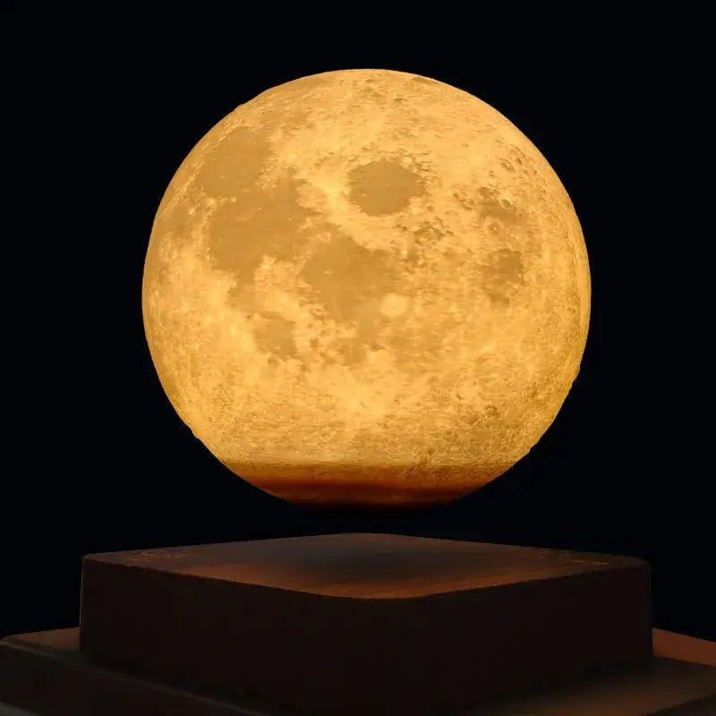 A glowing textured spherical moon lamp with detailed craters levitating as a bedroom night light decorbites levitating moon
