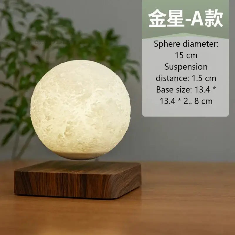 A glowing white textured decorbites levitating moon lamp with 15 cm diameter floating above dark wood base