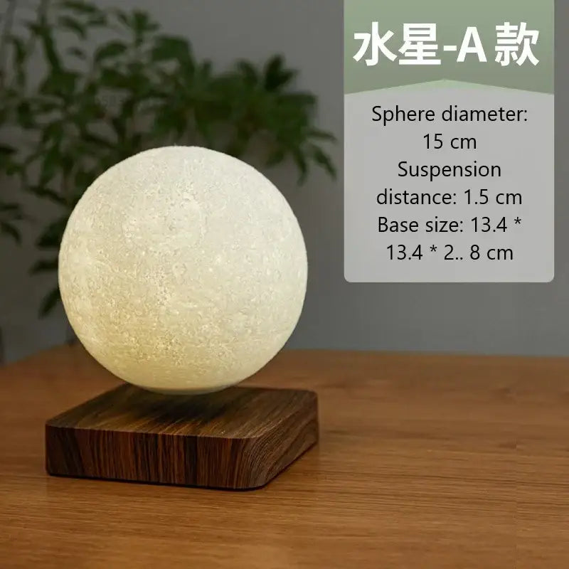 A glowing textured white decorbites levitating moon lamp with magnetic levitation on a dark wood base for bedroom night light