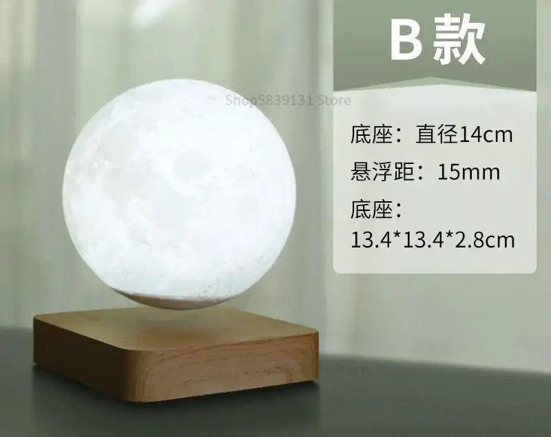 White moon lamp with realistic cratered surface levitating on wooden base by decorbites levitating moon lamp