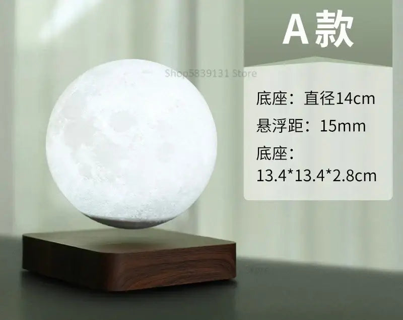 Realistic levitating moon lamp with white lunar surface texture suspended above dark wood base for bedroom decorbites moon lamp