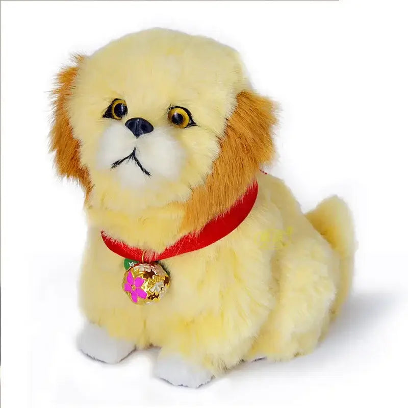 A plush yellow pekingese dog with fluffy fur and red collar featuring decorative bell for home decor cat dog plush