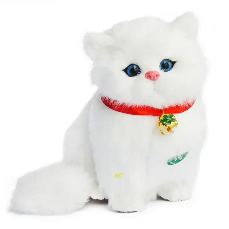 A plush white cat dog plush with blue eyes pink nose and red collar with gold shamrock charm for home decor