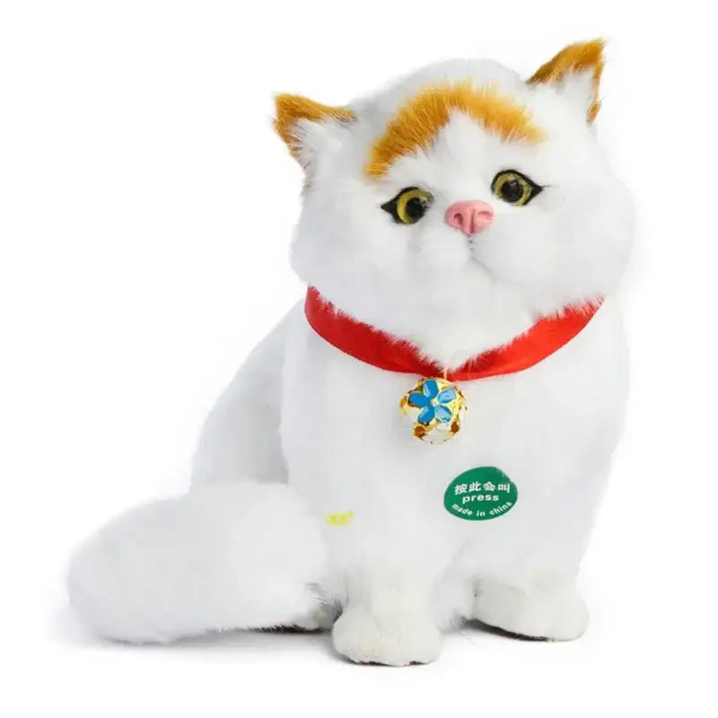 A plush white and orange cat dog plush with red collar and blue floral pendant for cozy home decor by decorbites cat dog
