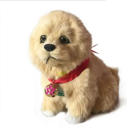 A plush light golden cat dog plush puppy with red satin collar and pink flower charm for home decor by decorbites