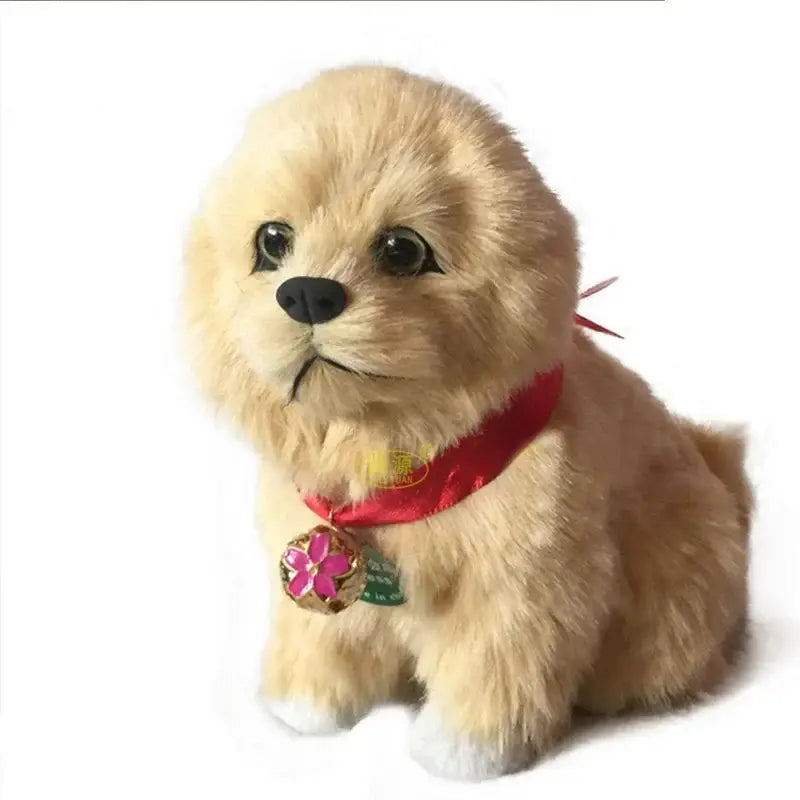 A plush light golden cat dog plush puppy with red satin collar and pink flower charm for home decor by decorbites