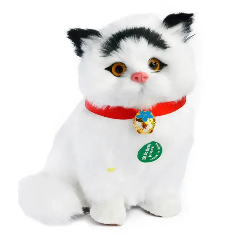 Realistic white cat dog plush with black ear markings and red collar with gold bell for home decor by decorbites cat dog