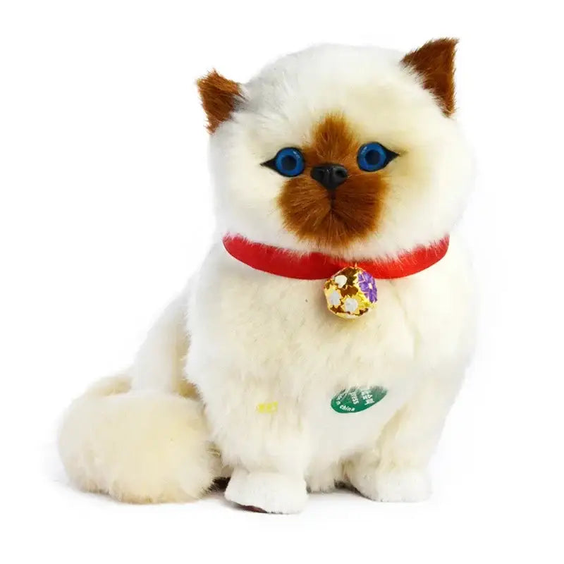 A realistic white and brown cat dog plush with blue eyes and red collar with gold bell for home decor decorbites cat dog