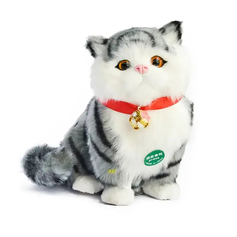 A plush gray and white tabby cat dog plush with a red collar and gold bell for home decor by decorbites cat dog