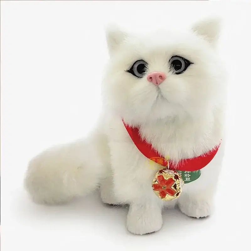 White plush cat dog plush with red collar and gold bell pendant for realistic home decor by decorbites cat dog