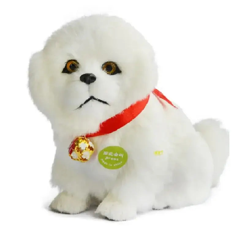 White plush toy dog with fluffy fur golden eyes and red ribbon collar with gold bell for cat dog plush home decor