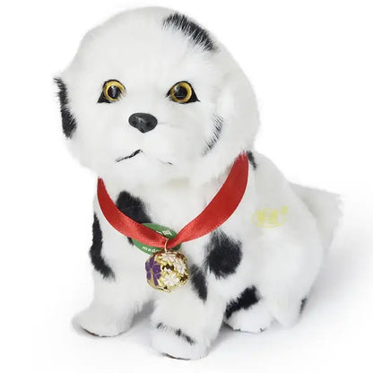 A realistic multi-colored cat dog plush dalmatian puppy with golden eyes and red ribbon collar for home decor by decorbites cat dog