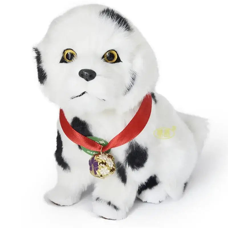A realistic multi-colored cat dog plush dalmatian puppy with golden eyes and red ribbon collar for home decor by decorbites cat dog