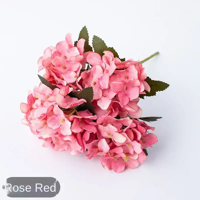 A cluster of artificial rose red hydrangea flowers with green leaves and stems for decorbites hydrangea branch decor