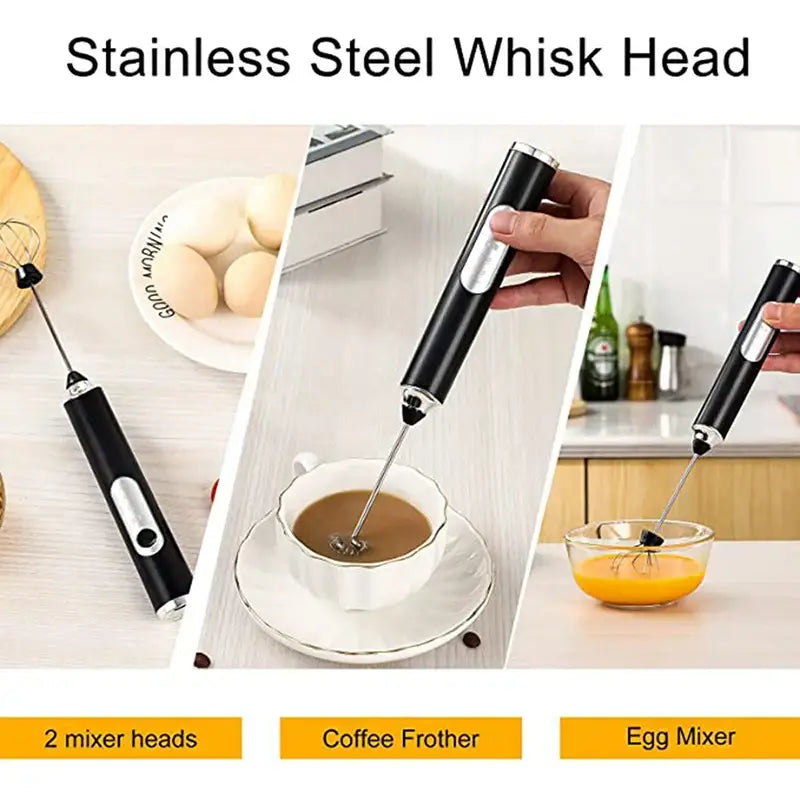 Black and silver stainless steel whisk head of rechargeable electric milk frother mixer for coffee frothing and egg mixing