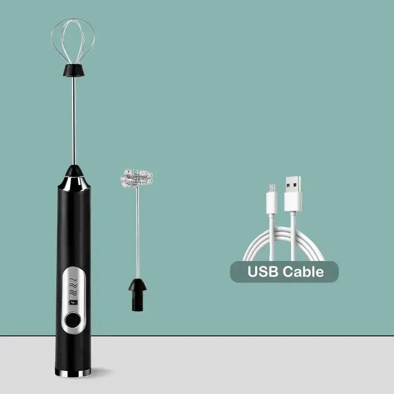 Rechargeable black and silver electric milk frother mixer with two interchangeable whisk attachments for kitchen use