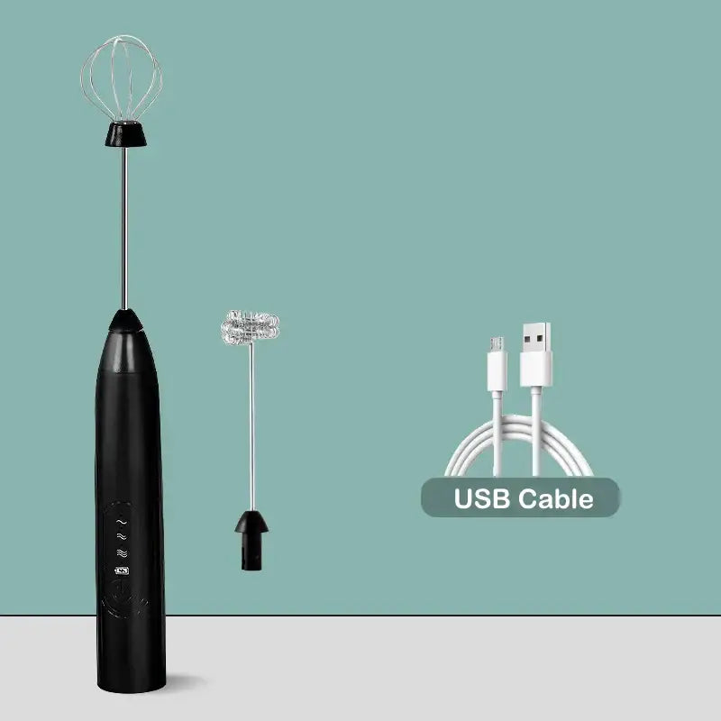 Rechargeable black and silver electric milk frother with wire whisk attachment and control buttons for kitchen use