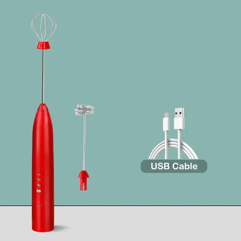 Red handheld electric milk frother with silver whisk attachment and red base for rechargeable electric milk frother mixer