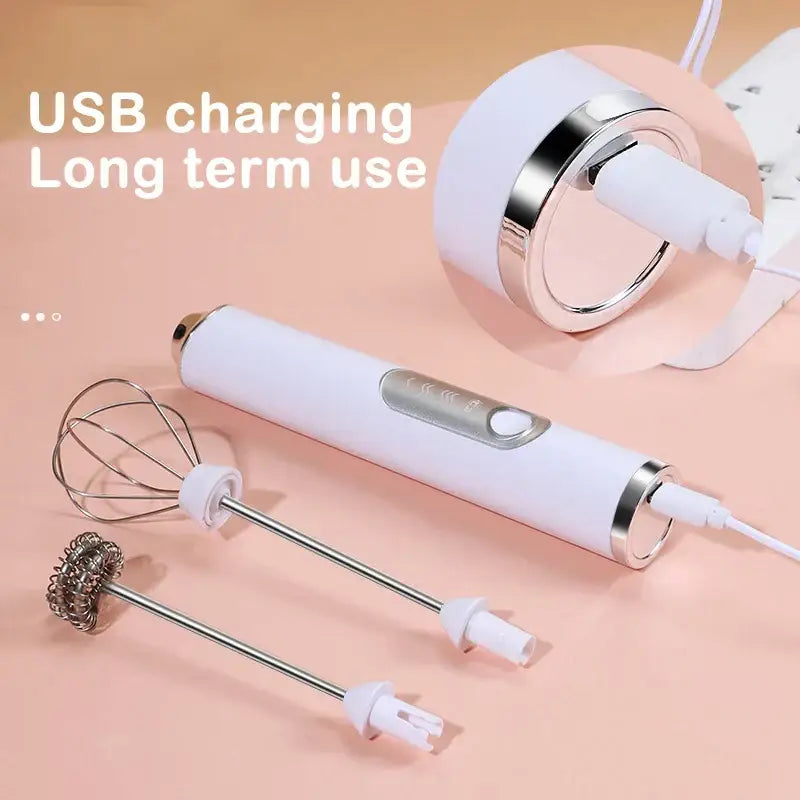 White usb-powered electric milk frother mixer with silver metal beaters for efficient electric milk frothing