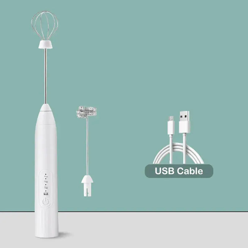 White rechargeable electric milk frother mixer with stainless steel whisk and usb charging cable for kitchen use