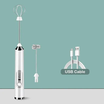 White handheld electric milk frother with metallic finish and interchangeable whisks for rechargeable milk frother mixer