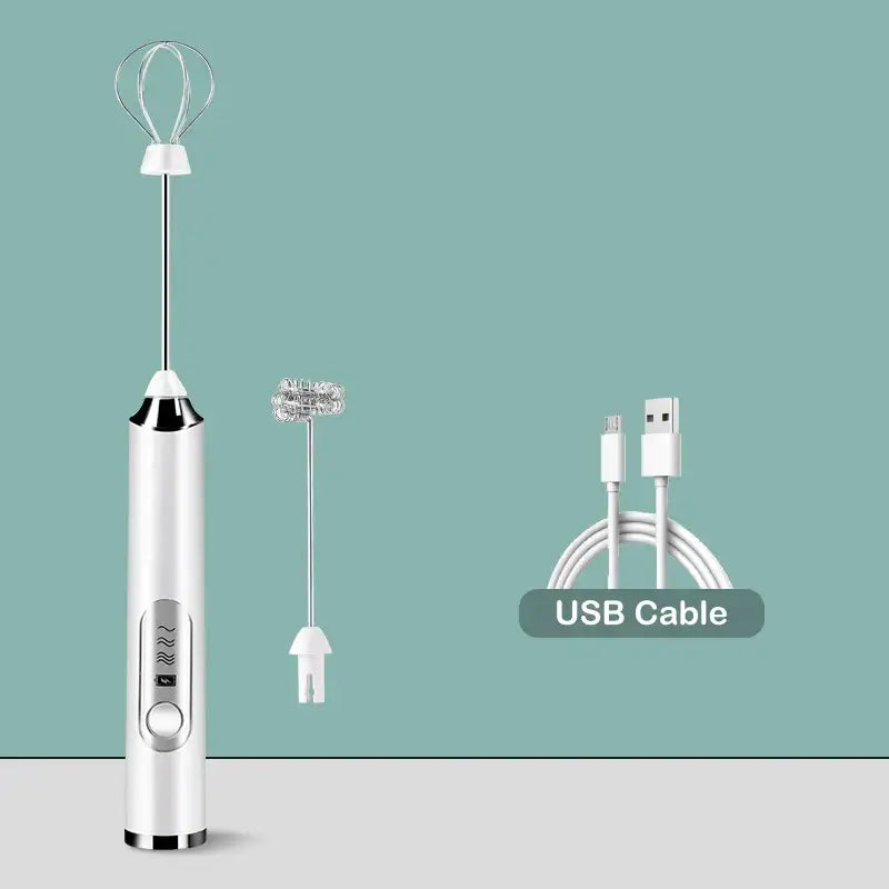 White handheld electric milk frother with metallic finish and interchangeable whisks for rechargeable milk frother mixer