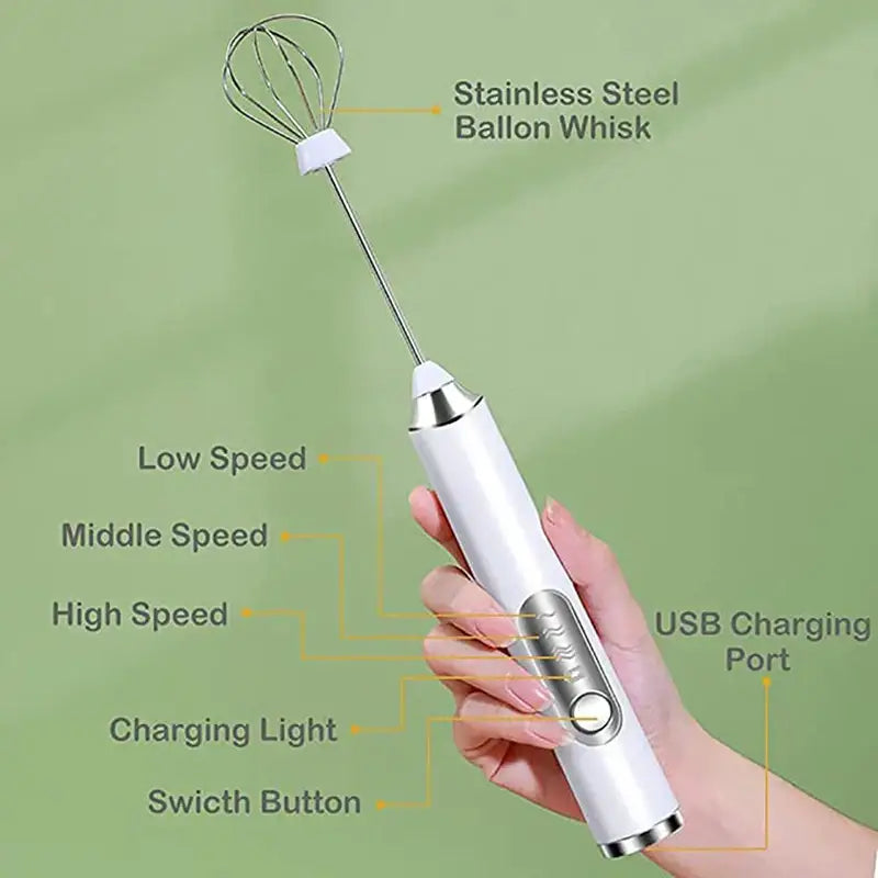 White handheld electric milk frother mixer with stainless steel balloon whisk and silver accents for kitchen use