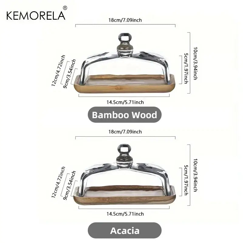 Rectangular cake dessert wood plate with bamboo tray and polished chrome handle and glass lid for decorbites cake dessert use