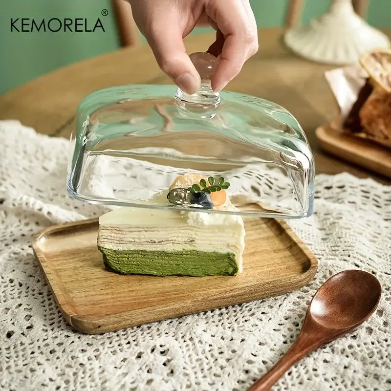 Rectangular cake dessert wood plate with clear glass cake dessert dome and rounded knob handle for dining decorbites cake dessert