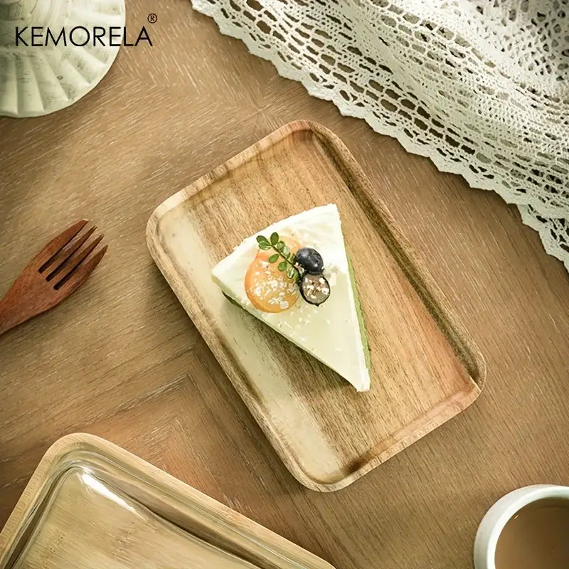 Rectangular cake dessert wood plate with glass lid featuring natural light brown finish and visible wood grain decorbites cake dessert