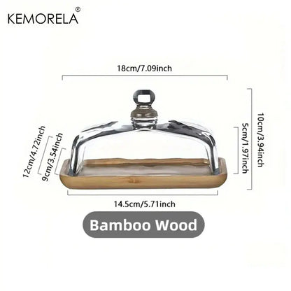 Kemorela clear glass cloche with metallic handle on rectangular bamboo cake dessert wood plate for decorbites cake dessert