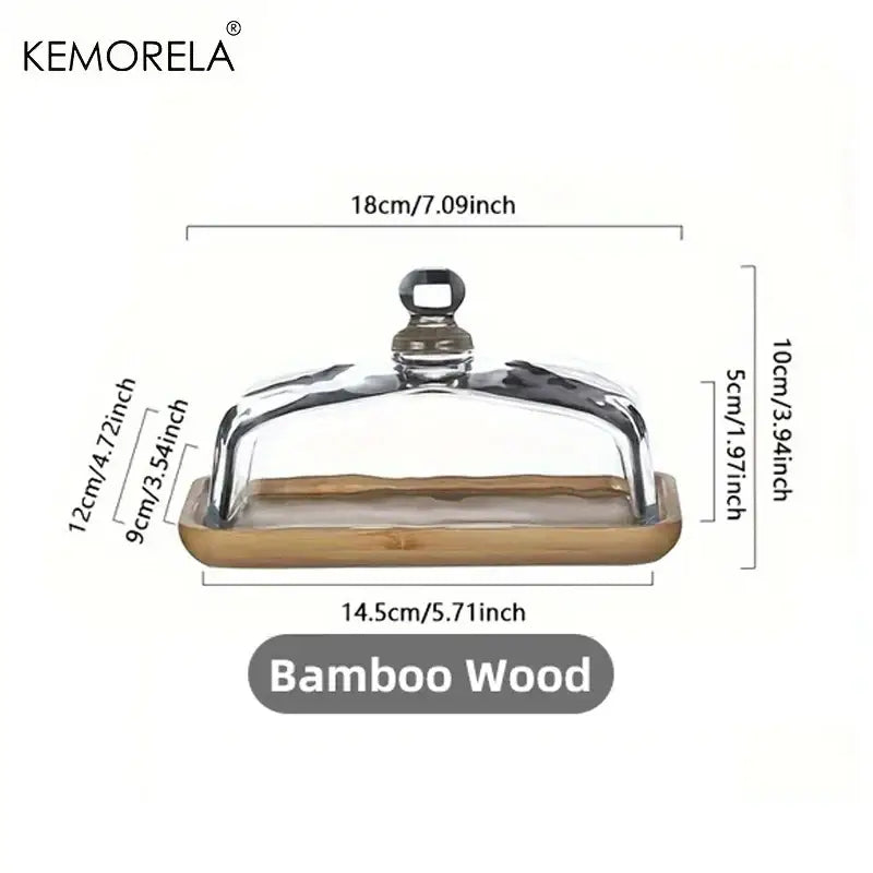Kemorela clear glass cloche with metallic handle on rectangular bamboo cake dessert wood plate for decorbites cake dessert