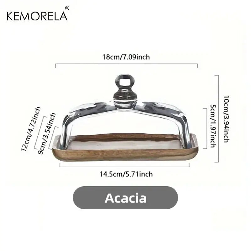 Kemorela butter dish with clear glass lid and silver metal frame on acacia dessert wood plate for decorbites cake dessert