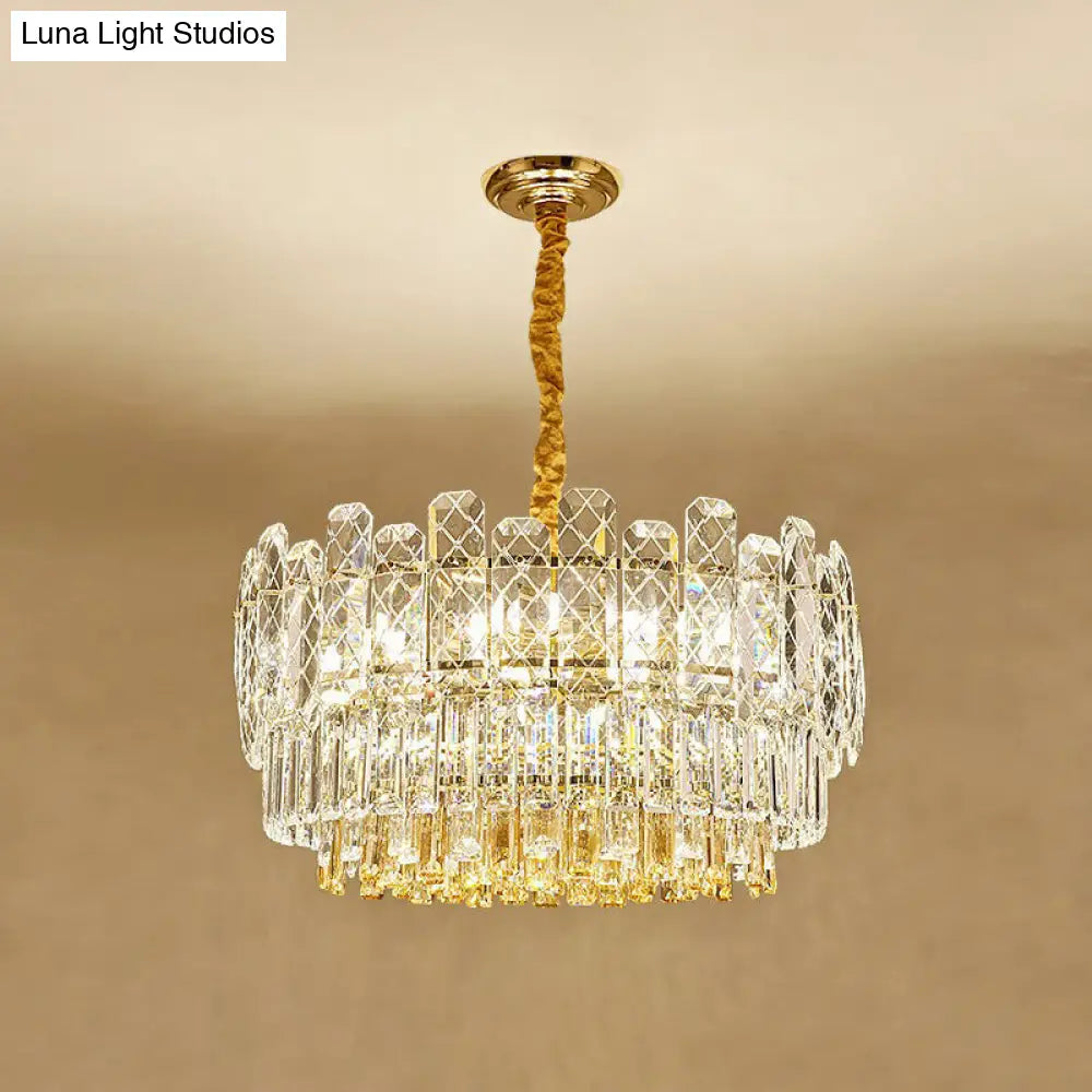 Rectangular Drum Crystal Chandelier with 9 Bulbs for Bedroom Ceiling Lighting in Clear and Simple Style