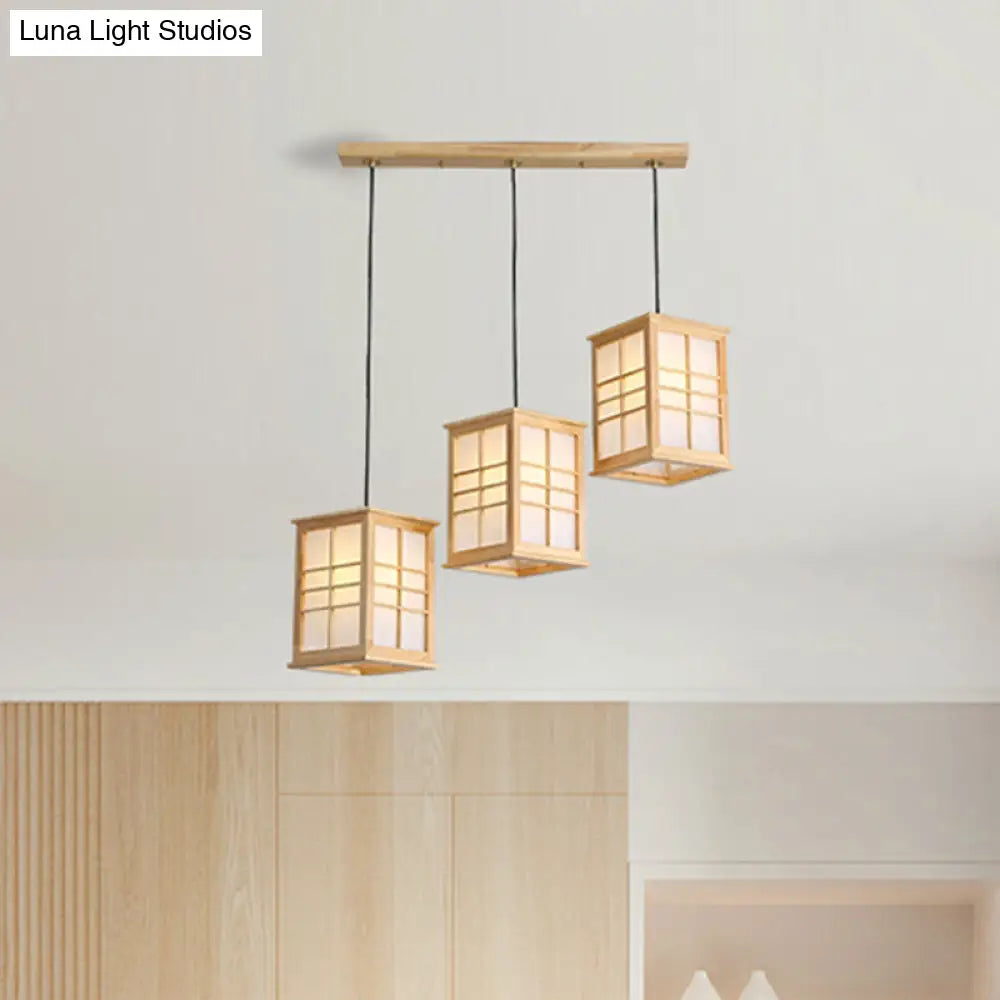 Rectangular Japanese Hanging Lamp with Wooden Shade - Perfect for Dining Room - Beige Pendant with 3 Lights