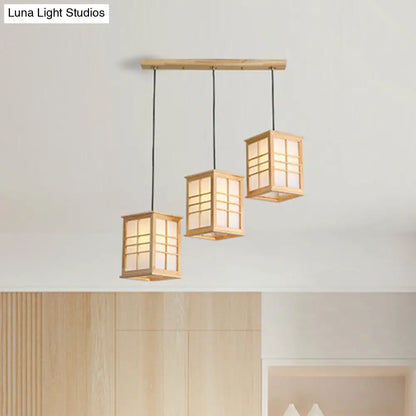 Rectangular Japanese Hanging Lamp with Wooden Shade - Perfect for Dining Room - Beige Pendant with 3 Lights