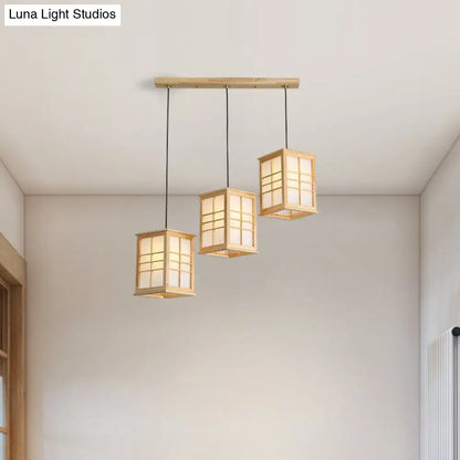 Rectangular Japanese Hanging Lamp with Wooden Shade - Perfect for Dining Room - Beige Pendant with 3 Lights