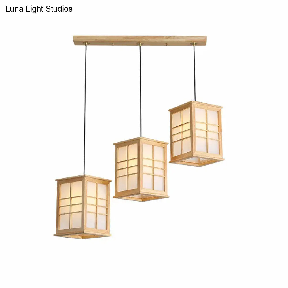 Rectangular Japanese Hanging Lamp with Wooden Shade - Perfect for Dining Room - Beige Pendant with 3 Lights